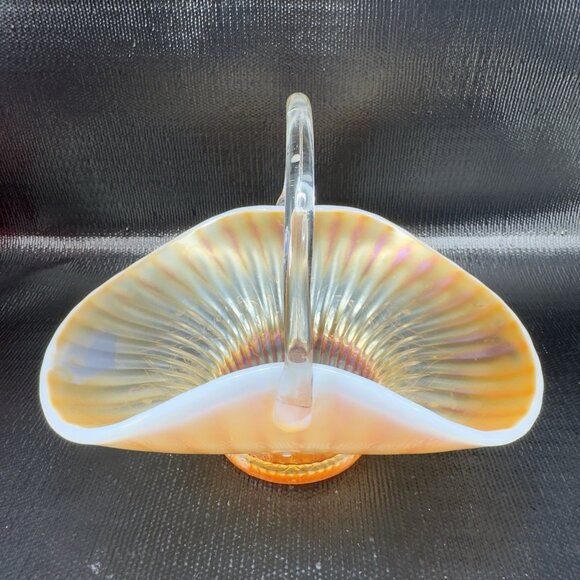 Dugan Caroline Peach Opal Opalescent Carnival Glass Handled Basket Bowl Antique - Picture 13 of 16
